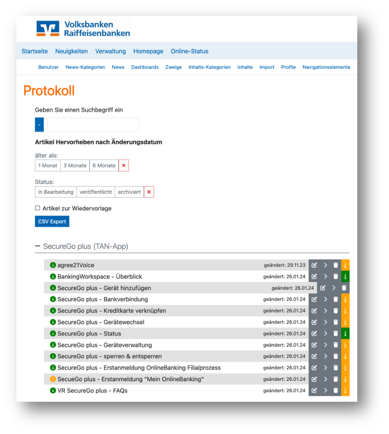 Redaktionsansicht der Online-Trude – Inhalte mit Status, Filtern und CSV-Export verwalten