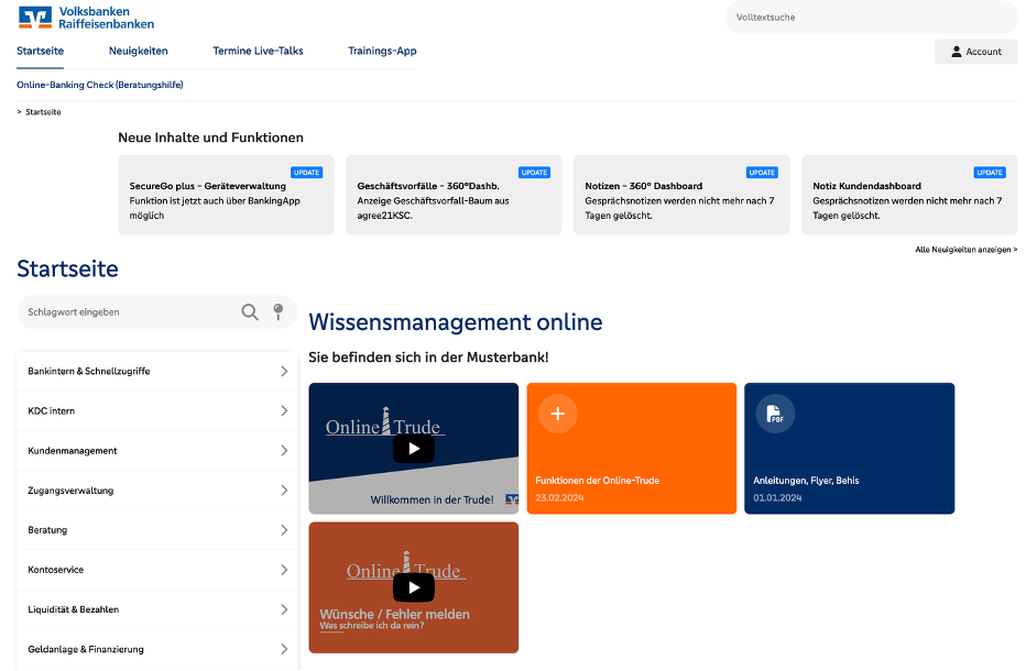Startseite der Online-Trude – Wissensmanagement mit Musterbank, Neuigkeiten und Navigation